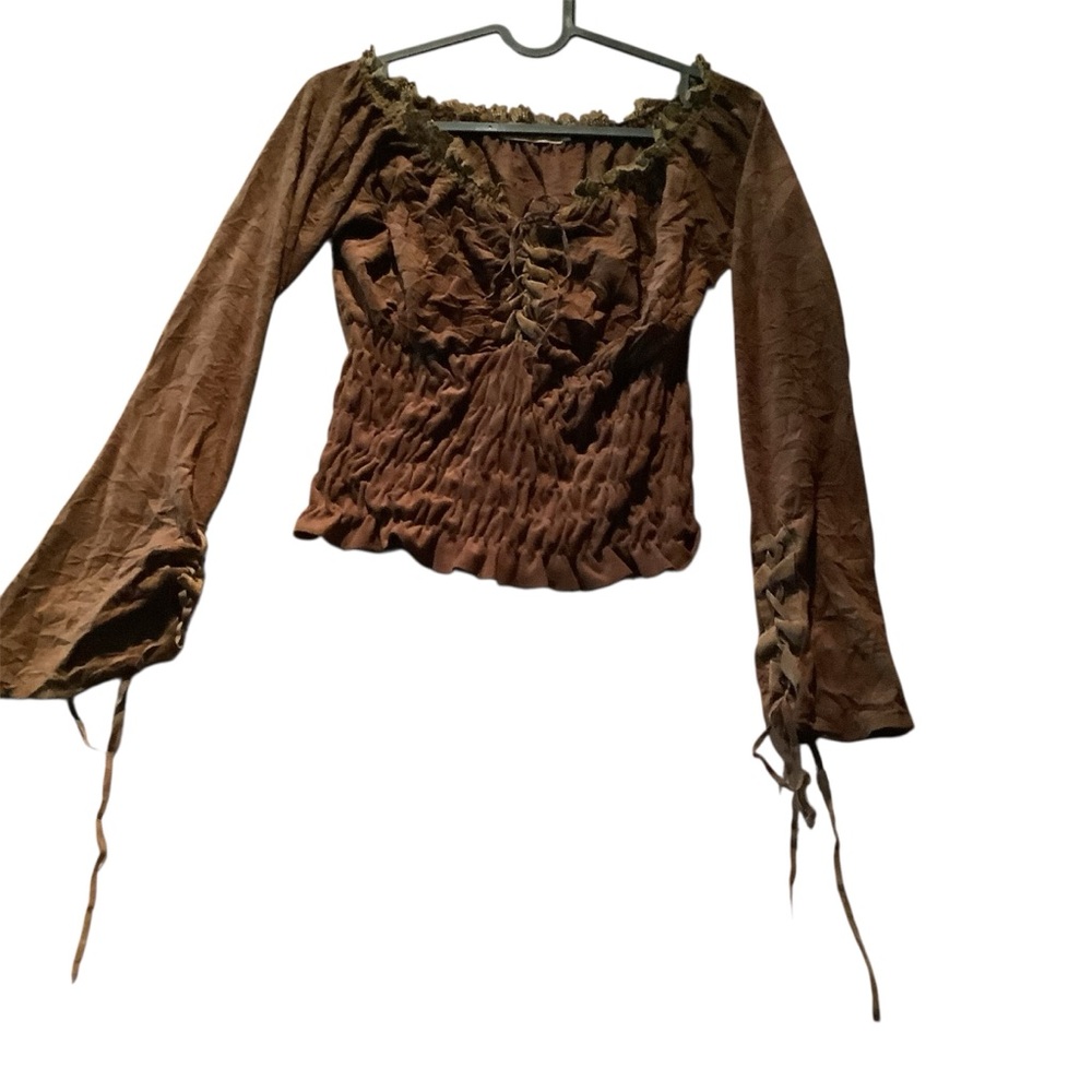 Brown-Gold Smocked Ruffled Off-the-shoulder Blouse
